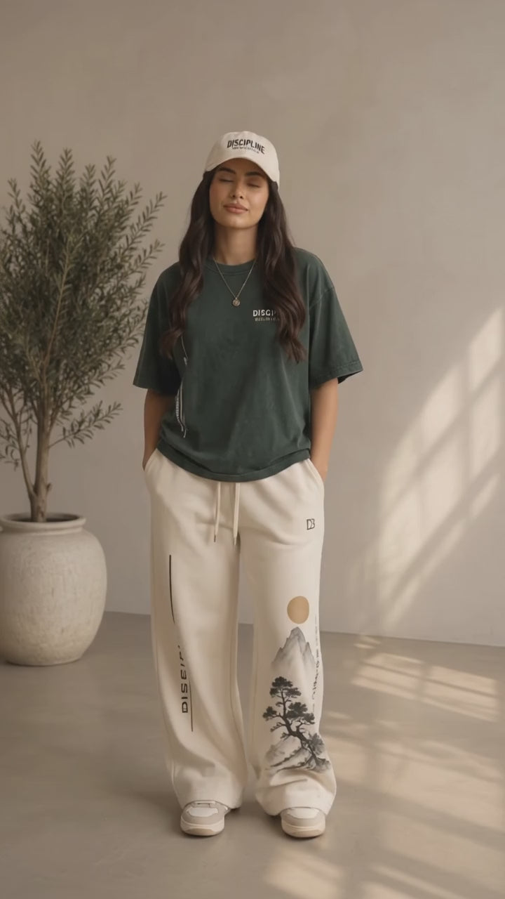 DISCIPLINE Oversized T-Shirt & Wide-Leg Jogger Set — Forest Green & Cream