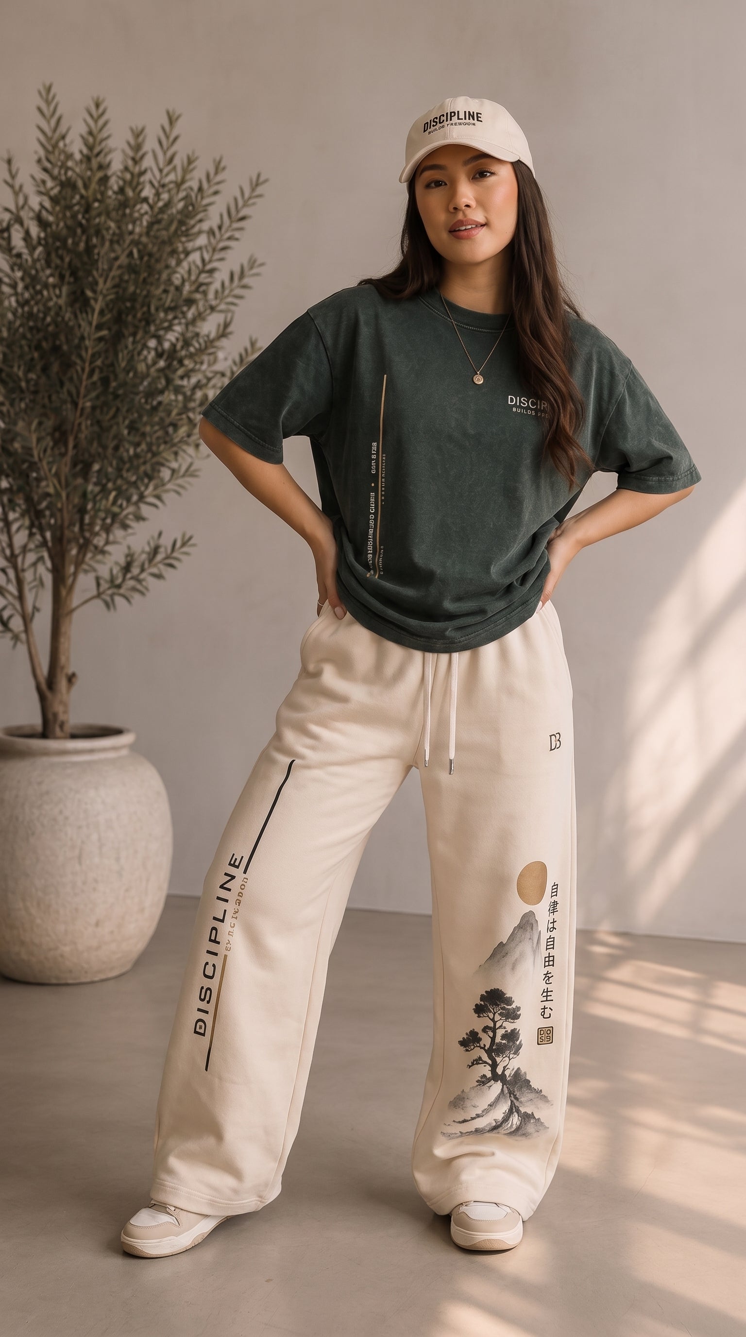 DISCIPLINE Oversized T-Shirt & Wide-Leg Jogger Set — Forest Green & Cream