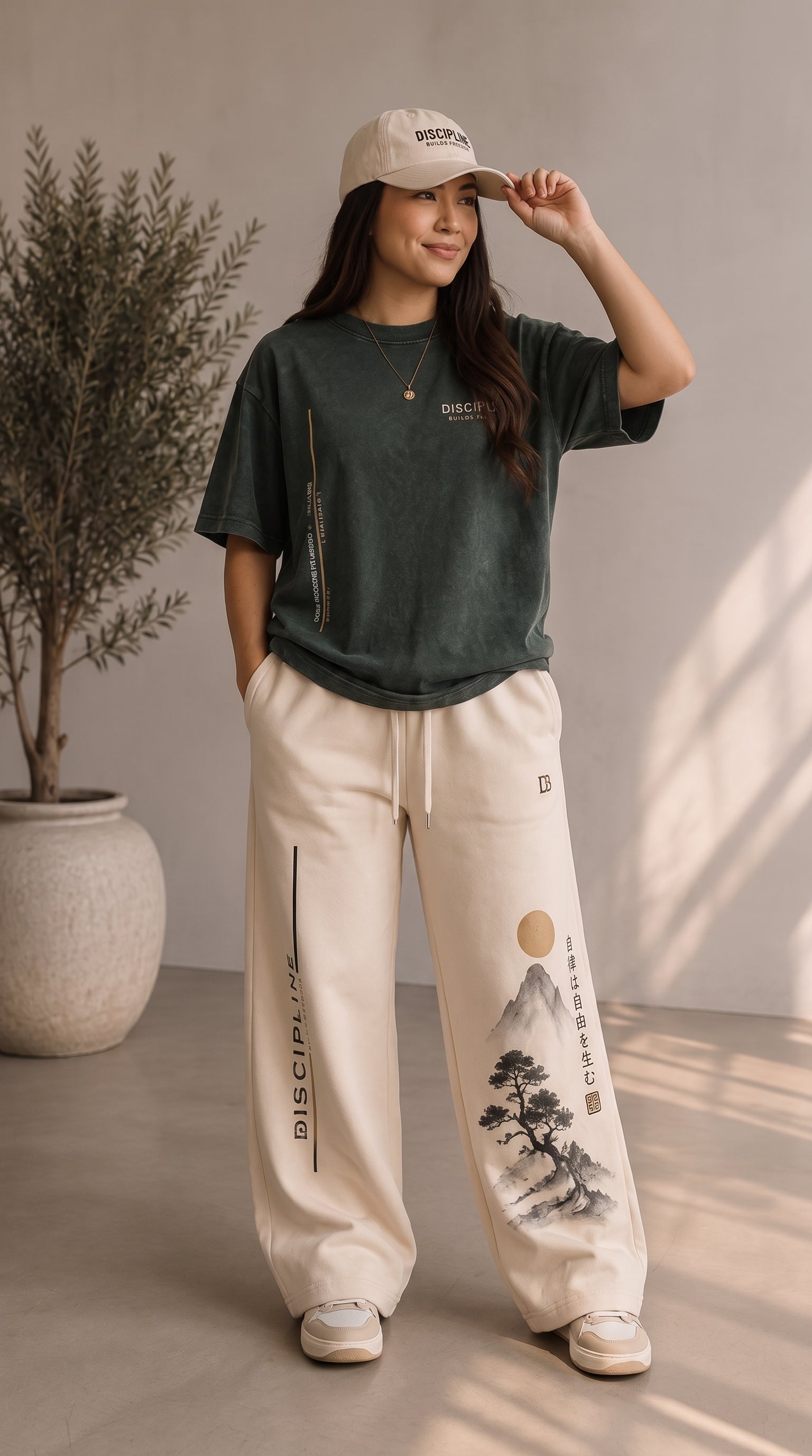 DISCIPLINE Oversized T-Shirt & Wide-Leg Jogger Set — Forest Green & Cream