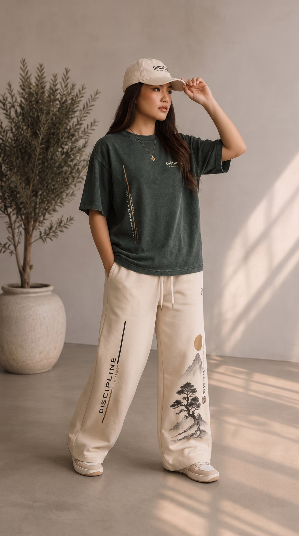 DISCIPLINE Oversized T-Shirt & Wide-Leg Jogger Set — Forest Green & Cream