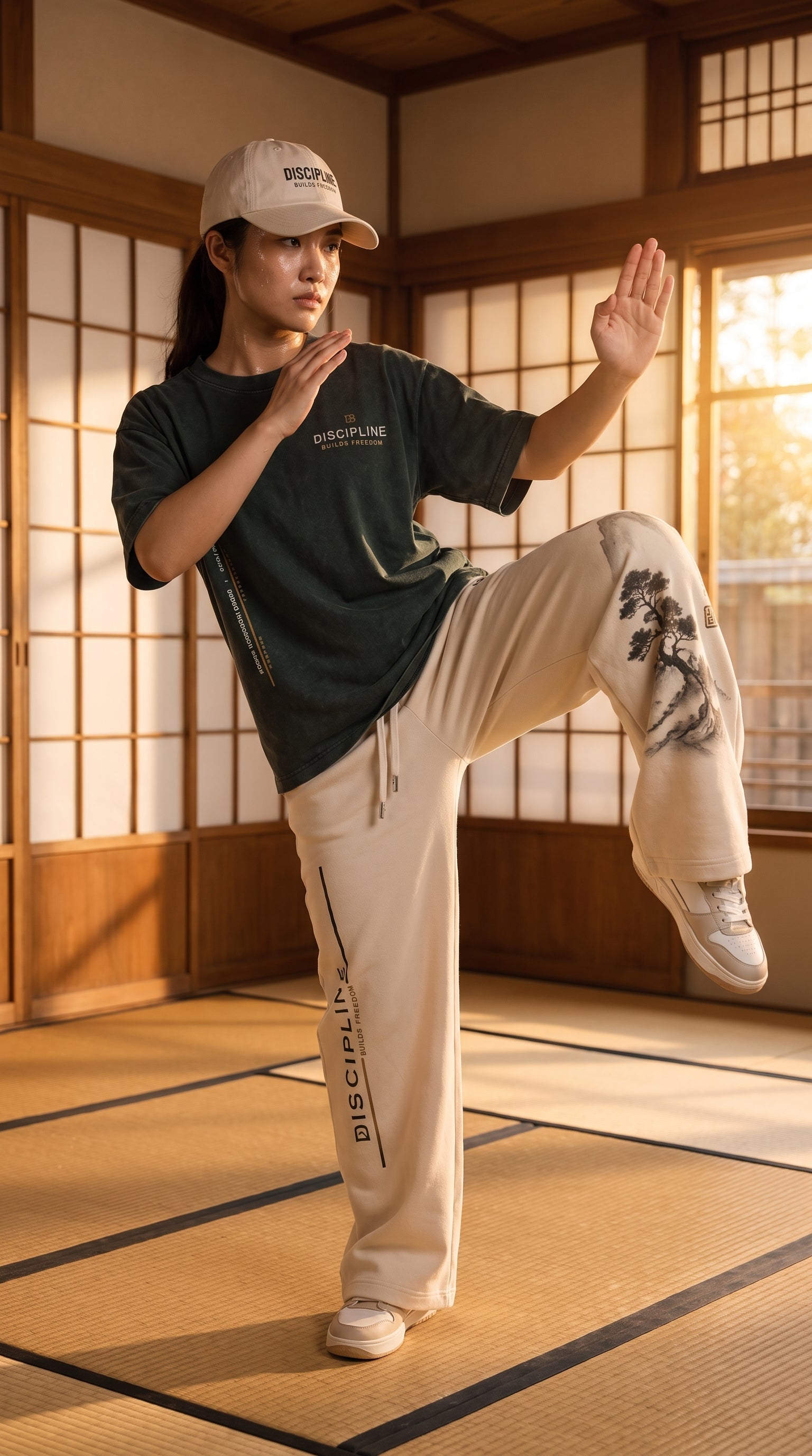 DISCIPLINE Oversized T-Shirt & Wide-Leg Jogger Set — Forest Green & Cream